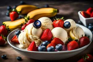 un cuenco de hielo crema con fresas, arándanos y plátanos generado por ai foto