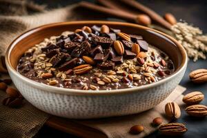 chocolate oatmeal in a bowl with nuts and chocolate chips. AI-Generated photo