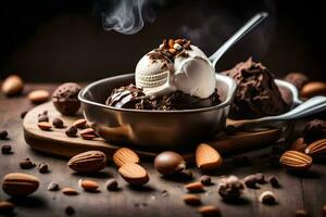 chocolate ice cream in a bowl with almonds and chocolate. AI-Generated photo