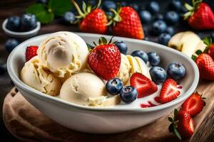 ice cream with berries and bananas in a bowl. AI-Generated photo