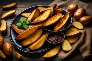 potato wedges with ketchup and mint leaves on a wooden table. AI-Generated photo