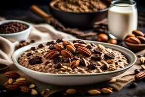 chocolate pecan oatmeal in a bowl with nuts and milk. AI-Generated photo