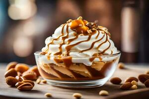 a dessert with whipped cream and caramel on top. AI-Generated photo