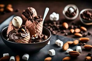 chocolate ice cream in a bowl with almonds. AI-Generated photo