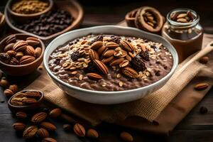 chocolate oatmeal with nuts and almonds. AI-Generated photo