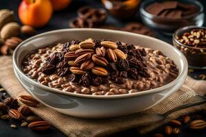 chocolate oatmeal with nuts and dried fruit. AI-Generated photo