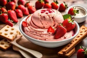a bowl of ice cream with strawberries and cookies. AI-Generated photo