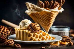 pecan ice cream and waffle cone on a dark background. AI-Generated photo