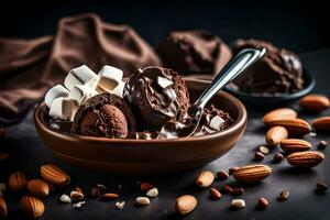 chocolate ice cream with almonds and marshmallows in a bowl. AI-Generated photo