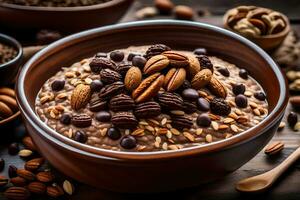 chocolate harina de avena con nueces y nueces en un bol. generado por ai foto