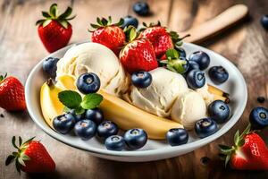 banana, arándanos y fresas en un bol. generado por ai foto