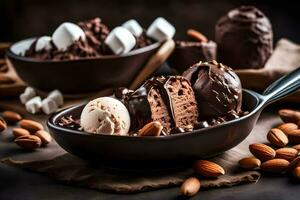 chocolate ice cream with almonds and marshmallows in a bowl. AI-Generated photo