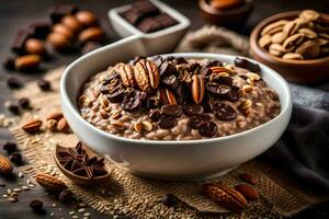 chocolate pecan oatmeal in a bowl. AI-Generated photo