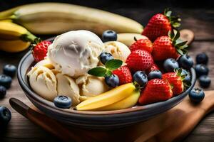 a bowl of ice cream with strawberries, blueberries and bananas. AI-Generated photo