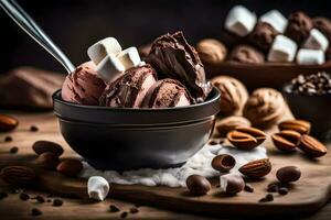 chocolate ice cream in a bowl with nuts and marshmallows. AI-Generated photo