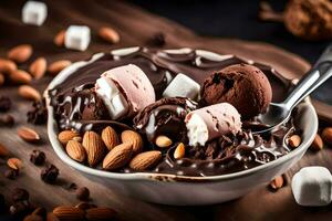 chocolate hielo crema con Malvaviscos y Almendras en un bol. generado por ai foto