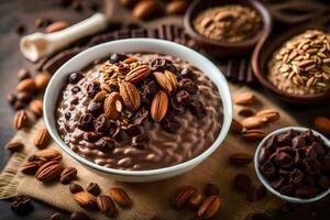 chocolate oats in a bowl with nuts and chocolate. AI-Generated photo