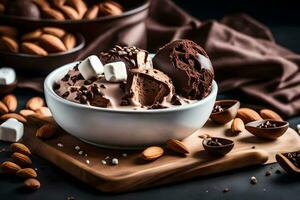 chocolate ice cream with almonds and marshmallows in a bowl. AI-Generated photo