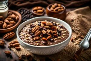 chocolate oatmeal with nuts and almonds in a bowl. AI-Generated photo