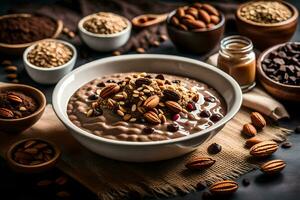 chocolate oatmeal with nuts and nuts in a bowl. AI-Generated photo