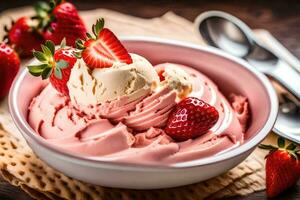 a bowl of strawberry ice cream with a scoop of ice cream and strawberries. AI-Generated photo