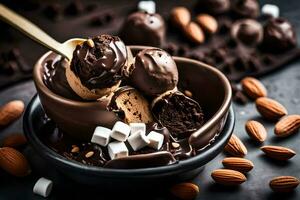 chocolate ice cream with marshmallows and almonds. AI-Generated photo