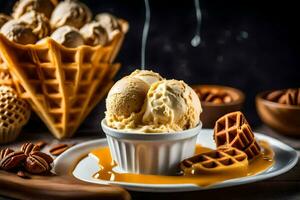 ice cream in a bowl with waffle cones and nuts. AI-Generated photo