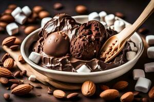 chocolate hielo crema con Malvaviscos y Almendras. generado por ai foto