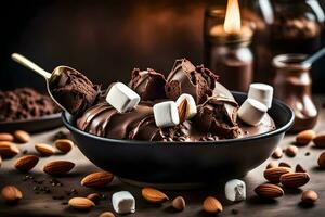 chocolate ice cream with marshmallows and almonds in a bowl. AI-Generated photo