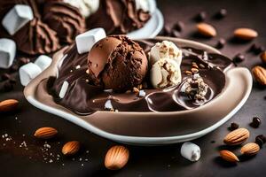 chocolate hielo crema con Almendras y Malvaviscos. generado por ai foto