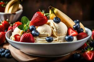 a bowl of ice cream with strawberries, blueberries and bananas. AI-Generated photo