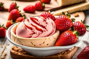 a bowl of ice cream with strawberries and cheese. AI-Generated photo