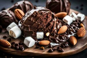chocolate covered almonds and marshmallows on a wooden plate. AI-Generated photo