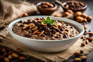 chocolate almond oatmeal in a bowl. AI-Generated photo