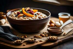 un cuenco de harina de avena con nueces y fruta. generado por ai foto