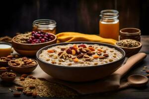 un cuenco de harina de avena con nueces y bayas. generado por ai foto