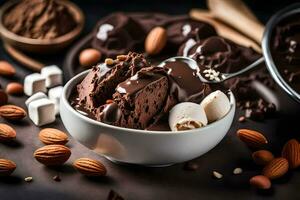 chocolate ice cream with almonds and marshmallows. AI-Generated photo