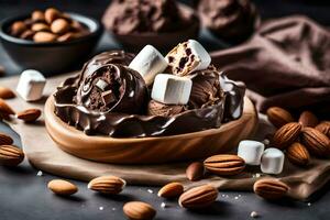 chocolate ice cream with marshmallows and almonds. AI-Generated photo