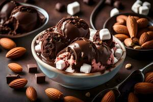 chocolate ice cream with almonds and marshmallows. AI-Generated photo