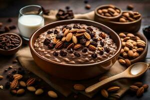 chocolate oatmeal with almonds and milk on a wooden table. AI-Generated photo