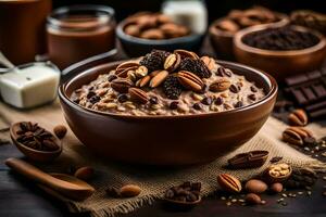 chocolate oatmeal with nuts and chocolate chips in a bowl. AI-Generated photo