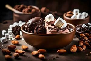 chocolate ice cream in a bowl. AI-Generated photo