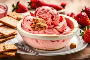 a bowl of ice cream with strawberries and crackers. AI-Generated photo