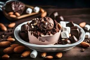 chocolate ice cream with marshmallows and almonds in a bowl. AI-Generated photo