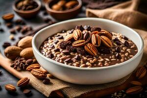 chocolate pecan oatmeal in a bowl. AI-Generated photo