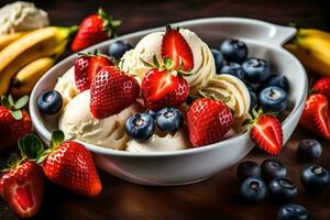 a bowl of ice cream with strawberries, blueberries and bananas. AI-Generated photo