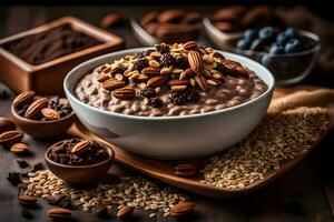 chocolate oatmeal with nuts and berries in a bowl. AI-Generated photo