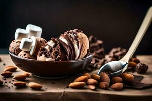 chocolate ice cream in a bowl with almonds. AI-Generated photo