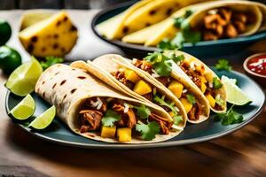 three tacos with chicken, pineapple and cilantro on a plate. AI-Generated photo