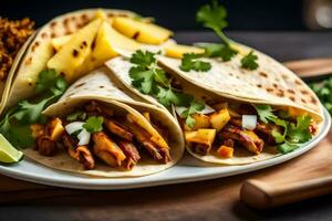 chicken tacos on a plate with pineapple and cilantro. AI-Generated photo